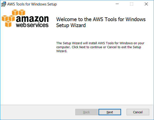 The Setup Wizard will install AWS Tools for Windows on your computer. Click Next to continue or Cancel to exit the Setup Wizard.